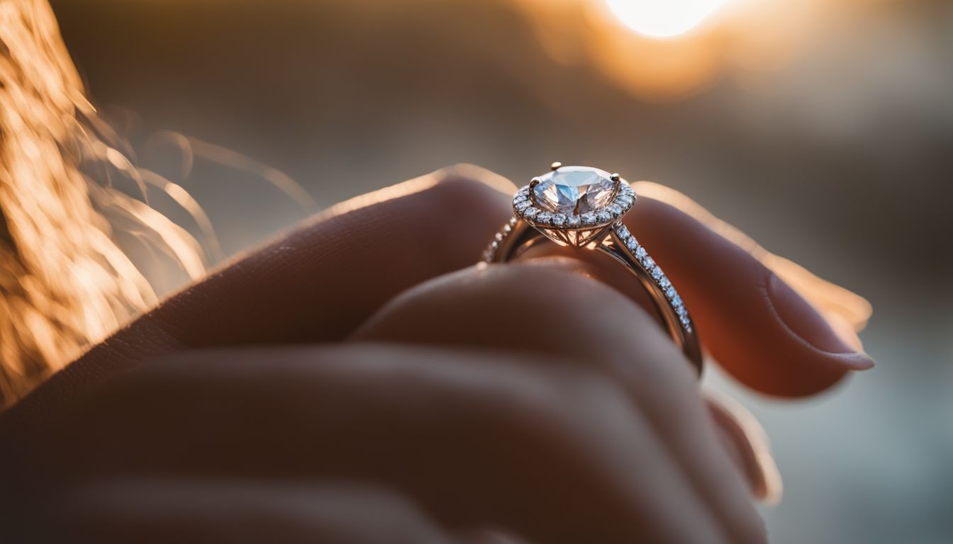 A hand adorned with a sparkling diamond ring reaching out.