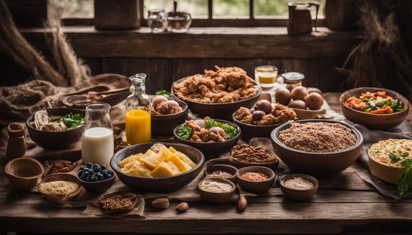 A variety of protein-rich foods displayed on a rustic wooden table.