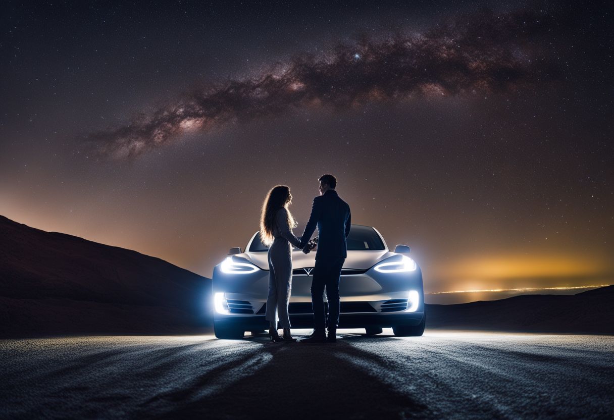 An astronaut-themed couple embracing by a Tesla with a starry night background.