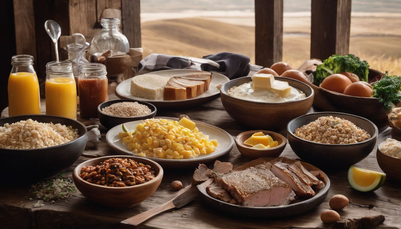 A variety of protein-rich foods arranged on a rustic wooden table in a bustling atmosphere, captured with professional photography equipment.
