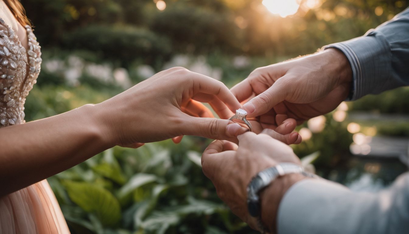 A couple's hands holding a diamond engagement ring in a garden.