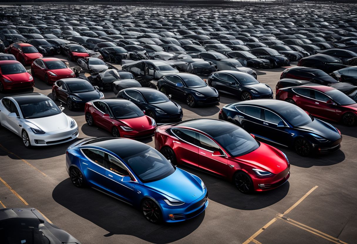 A stack of Tesla cars waiting in a factory lot with a bustling atmosphere.