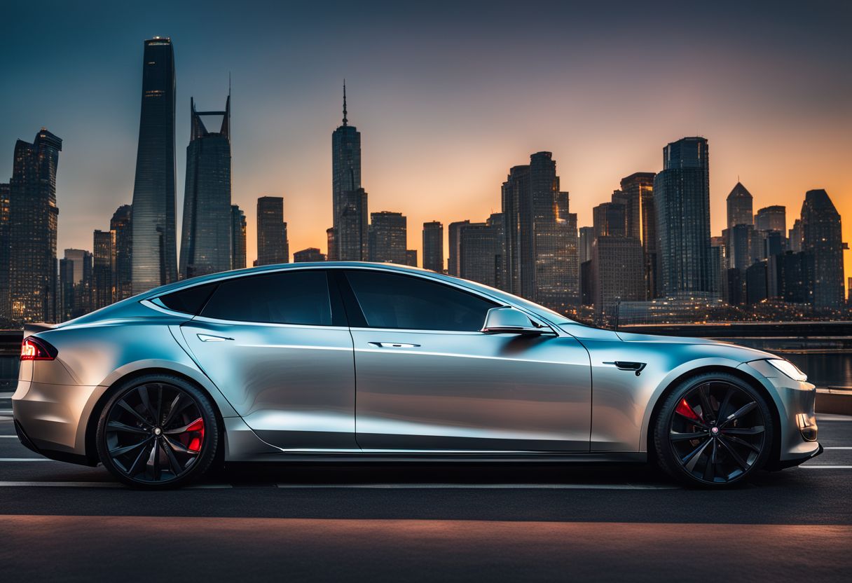 The Tesla Model S driving through a futuristic city with diverse people and bustling atmosphere.