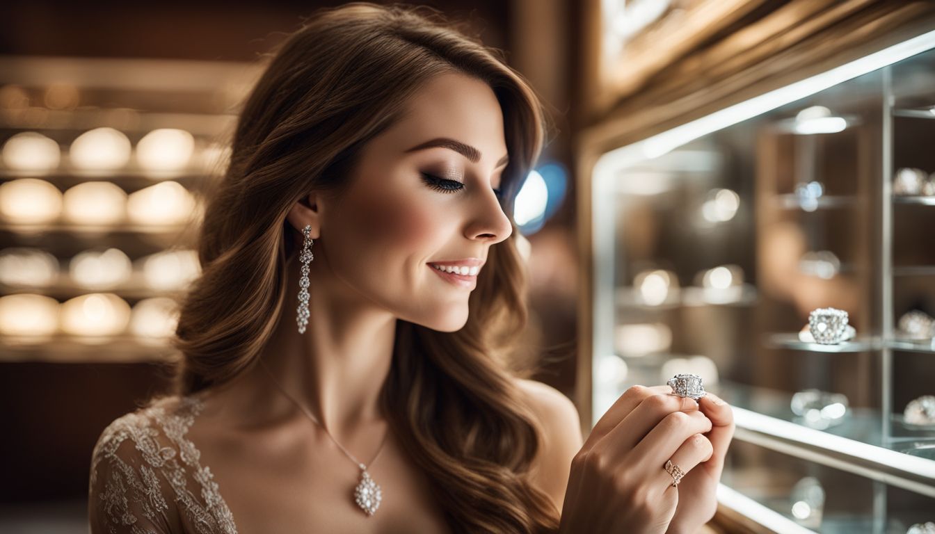 A woman admiring her diamond engagement ring in a jewelry store.