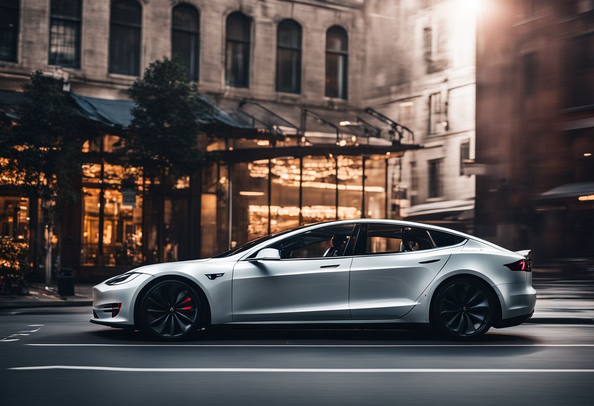 A Tesla with a unique name parked in a futuristic urban environment.