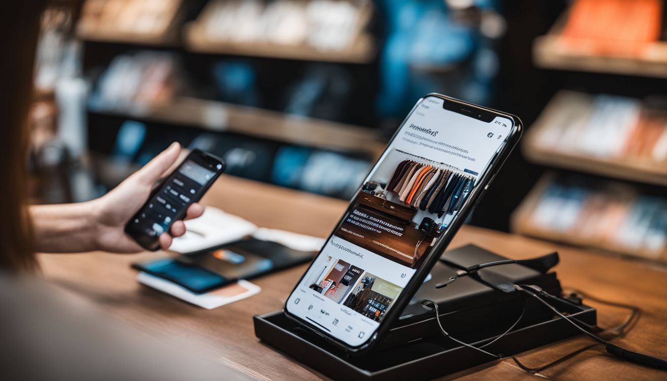A smartphone displaying a headless Magento store interface surrounded by modern digital devices and diverse people.
