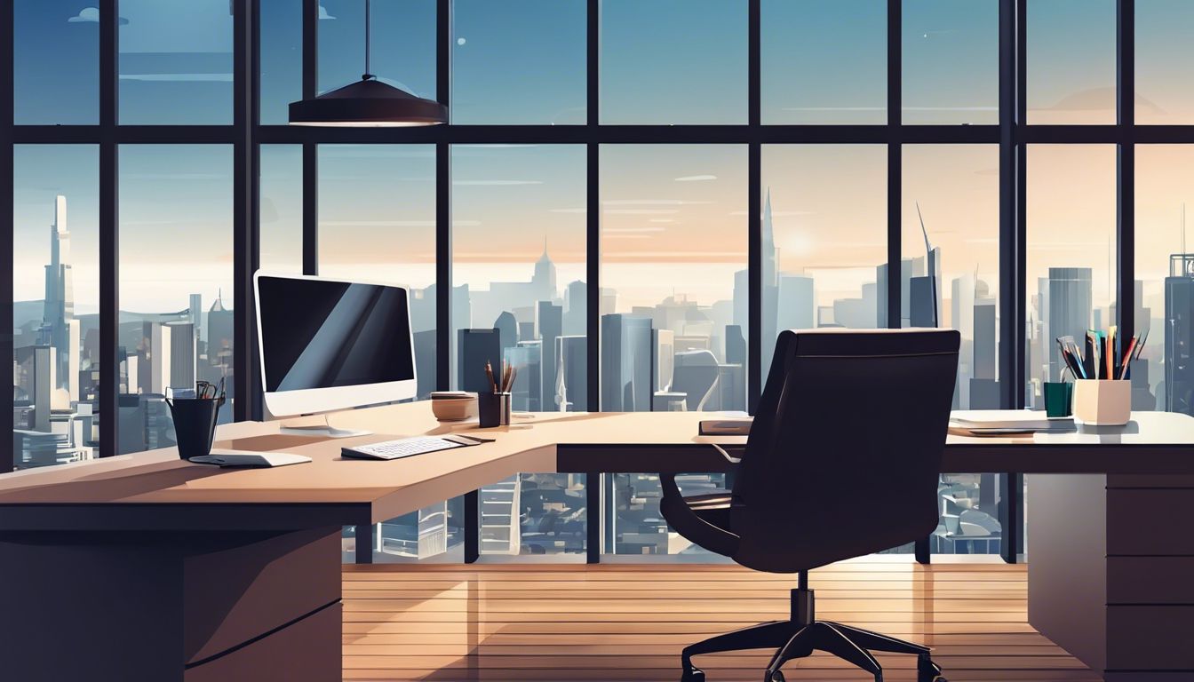 Een goed verlicht modern kantoor met een panoramisch stadsgezicht.