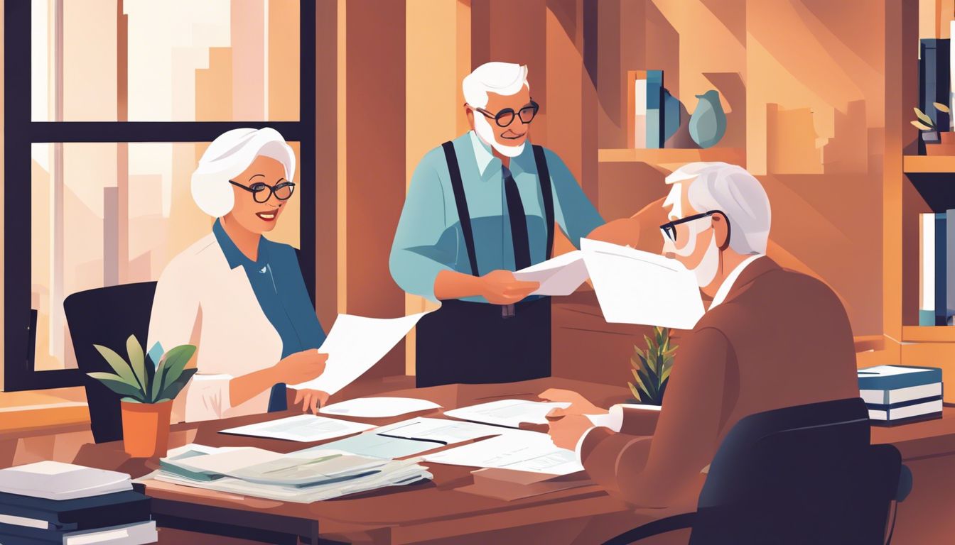 Een oud echtpaar krijgt hulp bij papierwerk in een kantoor.