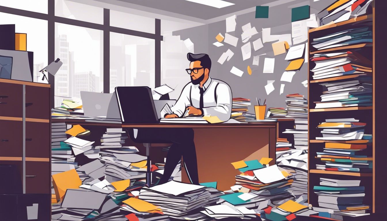 Een drukke administratieve medewerker sorteren door rommelige bestanden in een chaotisch kantoor.