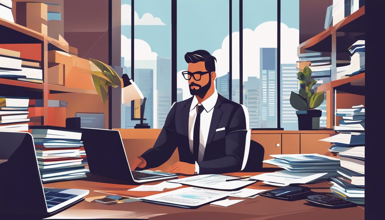 Een professionele accountant werkt geconcentreerd in een moderne kantooromgeving met financiële documenten.