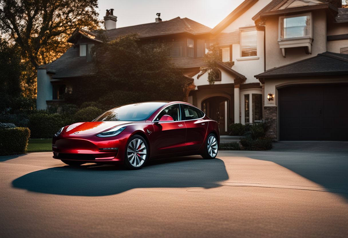 A Tesla Model 3 parked in a driveway at sunset with a bustling cityscape in the background.