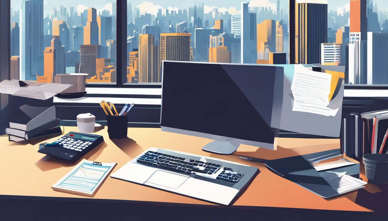 Een rommelig bureau met documenten en een computer met uitzicht op een stad.