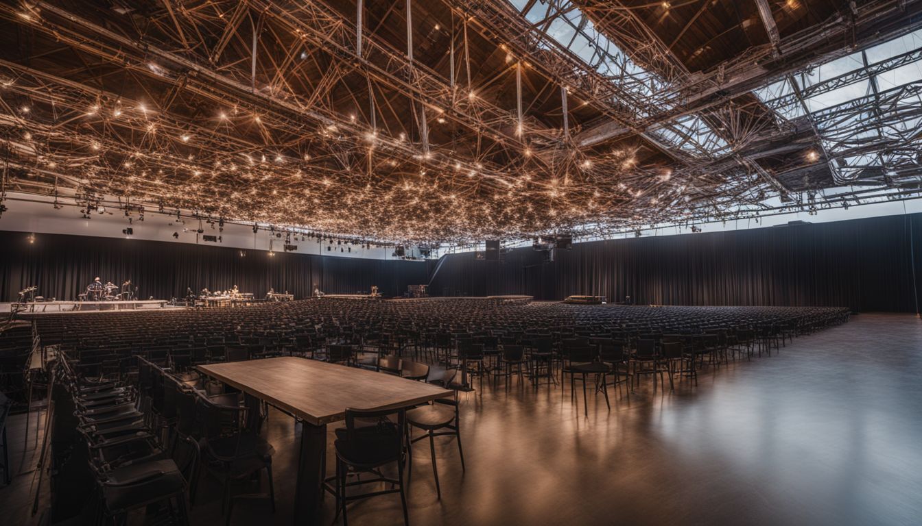 An event venue with truss structure and crowd, featuring diverse people.