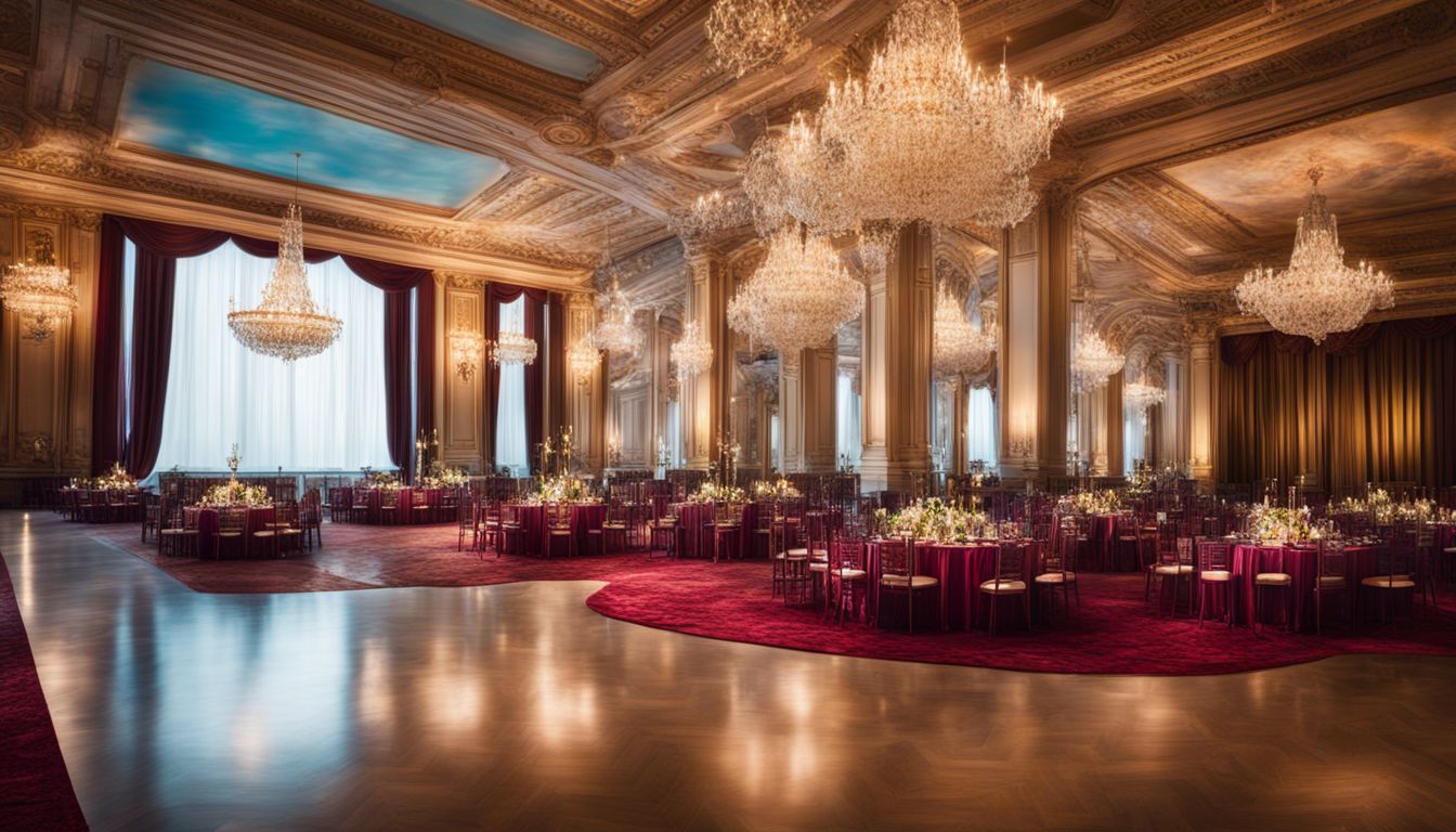A grand ballroom with diverse people and elegant set pieces.