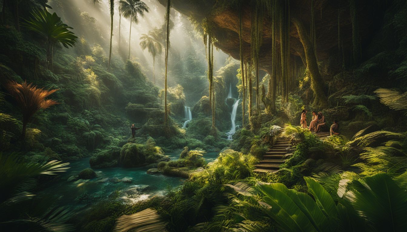 A surreal jungle set with vibrant foliage, 3D structures, and bustling atmosphere.