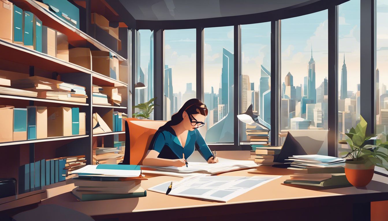 Een student zoekt door academische documenten in een goed georganiseerd, modern kantoor.