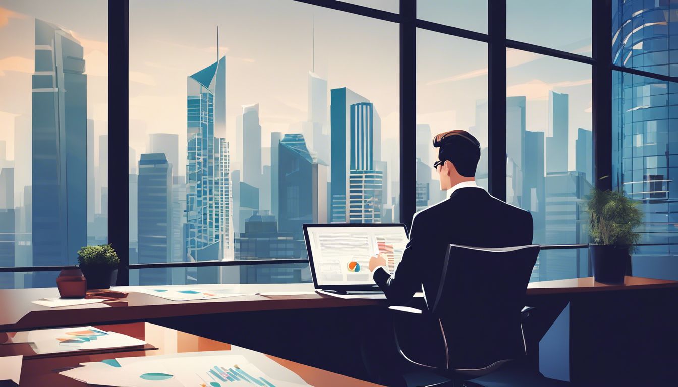 Een zakenman bekijkt financiële rapporten in een modern kantoor met stadsgezicht op de achtergrond.