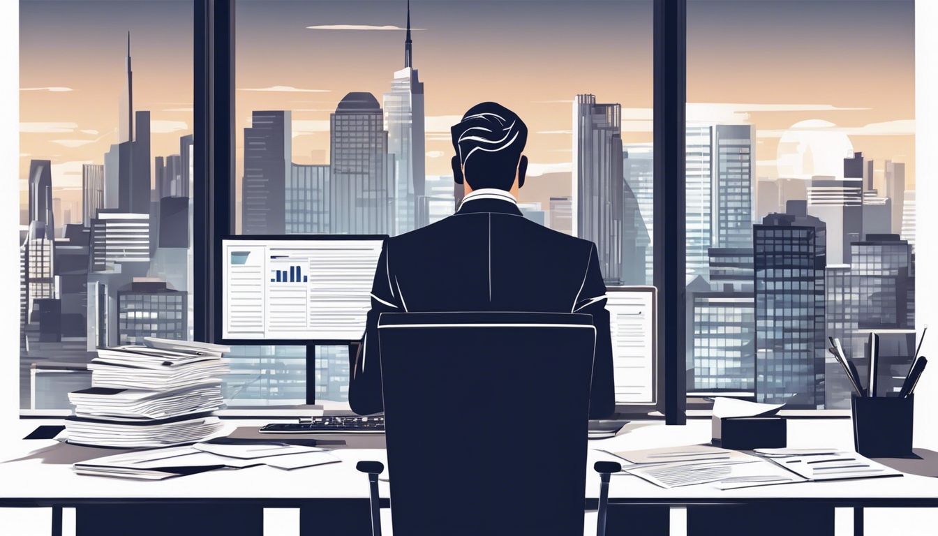 Een gefocuste zakenman analyseert facturen en financiële documenten in een modern kantoor.
