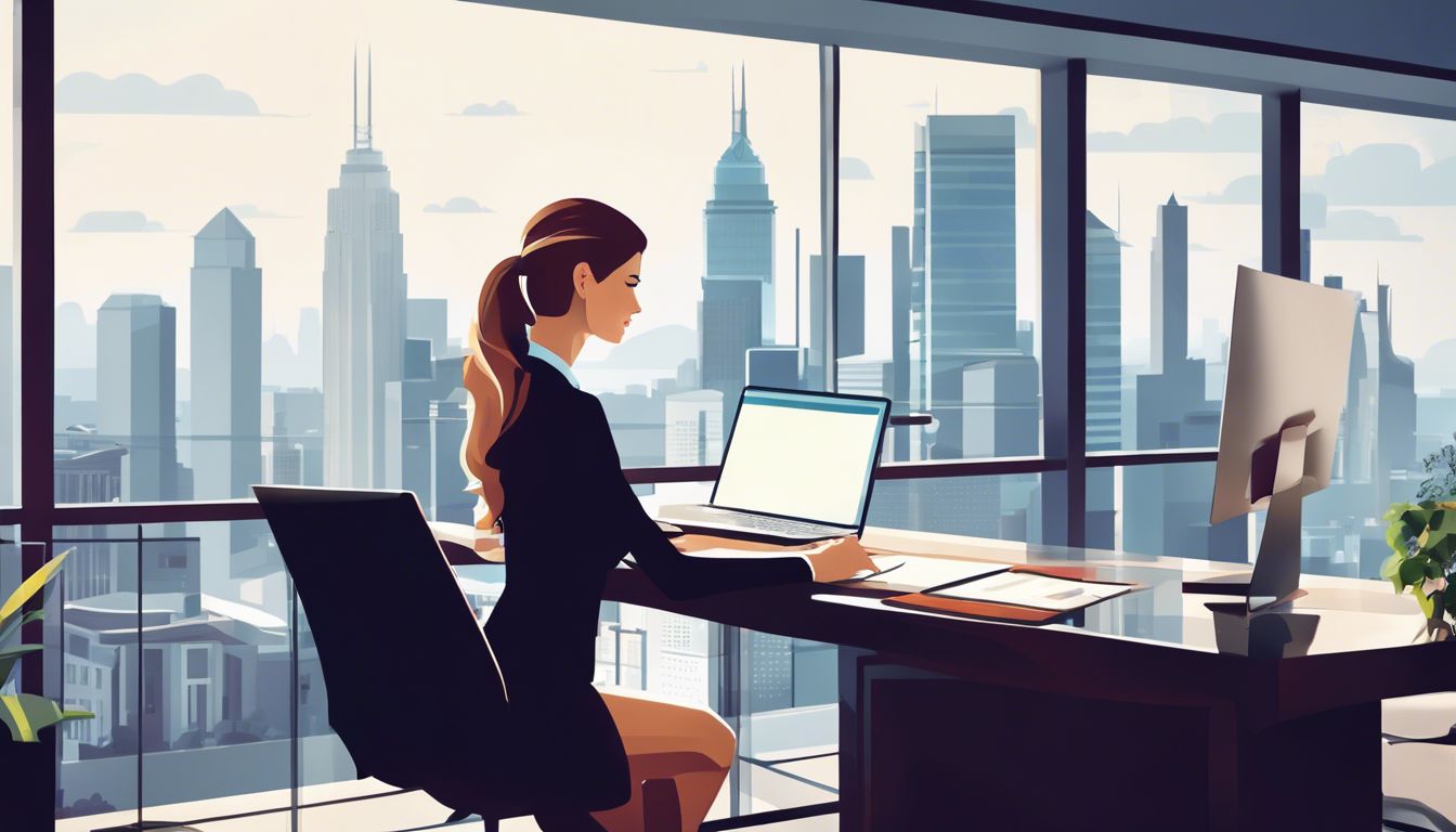 Een zakenvrouw zit aan haar bureau met een open laptop en financiële documenten, met een stadsgezicht op de achtergrond.