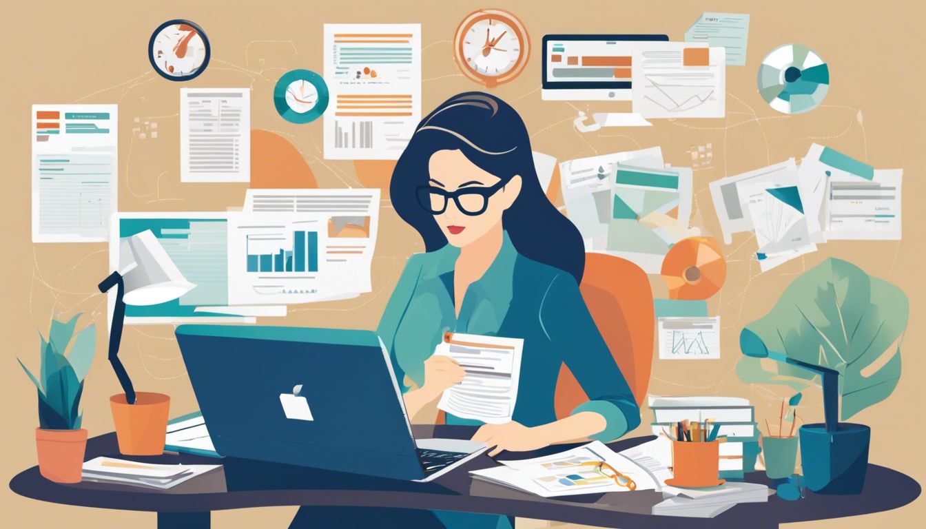 Een vrouw zit aan een bureau omringd door financiële documenten en gebruikt boekhoudsoftware.
