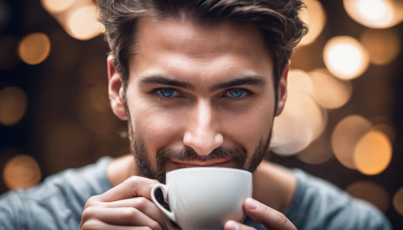 A person enjoying an espresso surrounded by coffee beans.