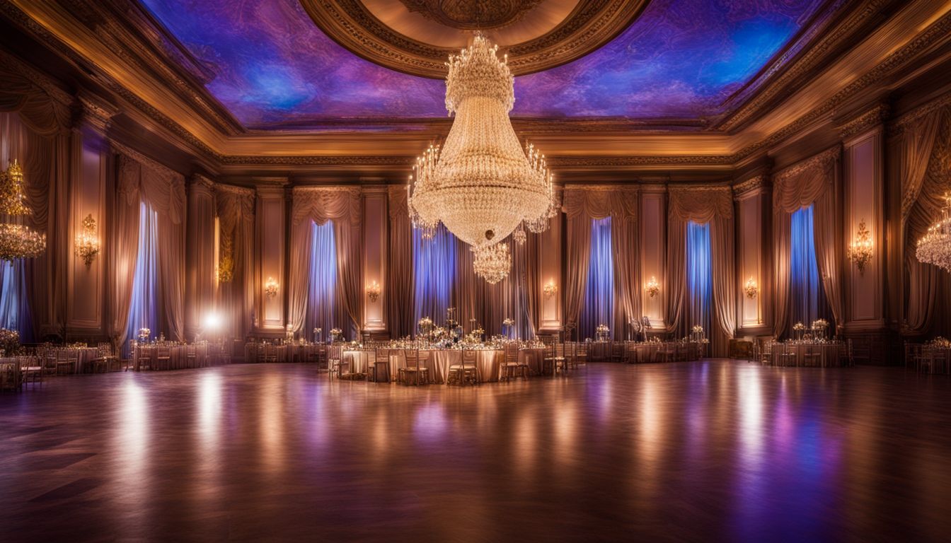 A grand ballroom with elegant stage decor and a bustling atmosphere.