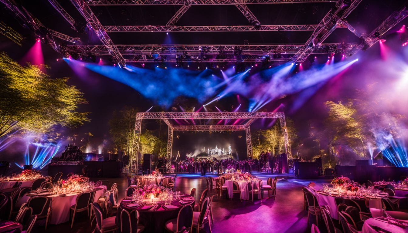 A vibrant event stage with truss rentals, colorful lighting, and a bustling atmosphere.