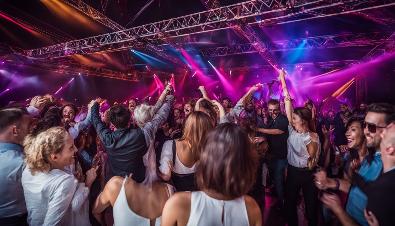 A lively crowd dancing under a truss system at an event.