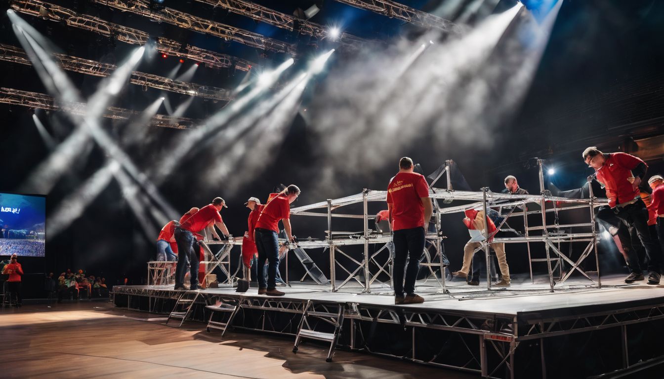 A team of workers assembling stage truss rentals surrounded by event equipment.