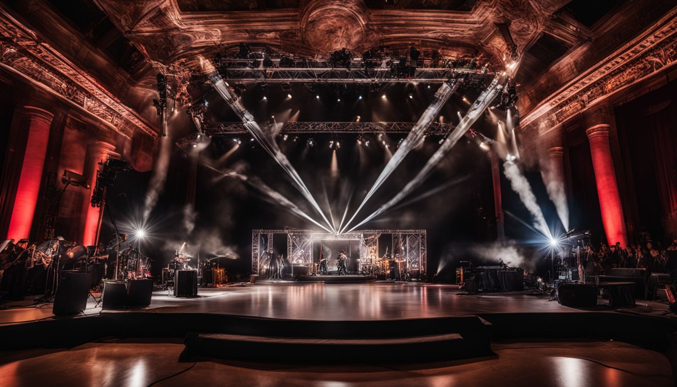 A dynamic stage with truss rentals, intricate lighting, and diverse crowd.