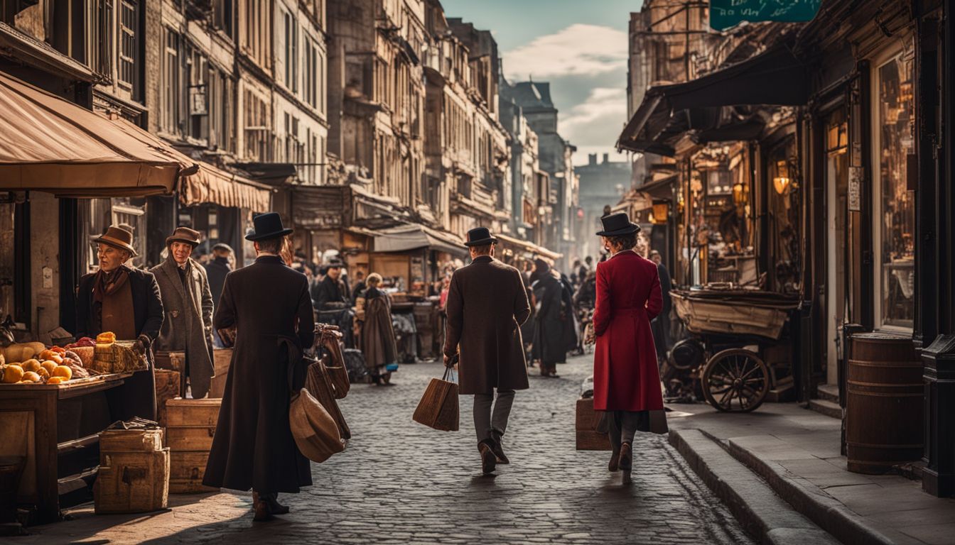 A photo of a vintage city street scene with period-appropriate props and people.
