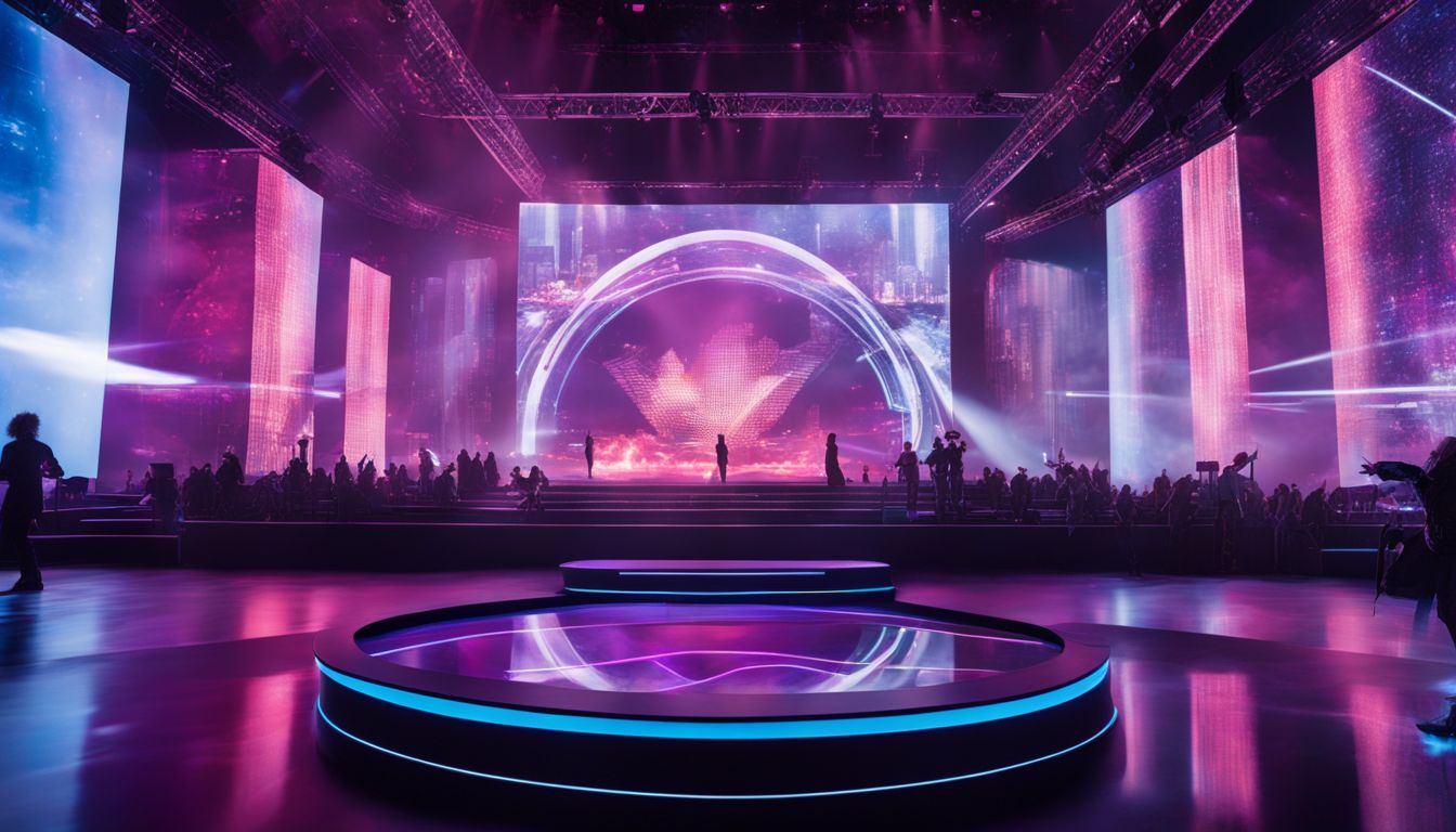 A futuristic stage with holographic displays and diverse human faces.