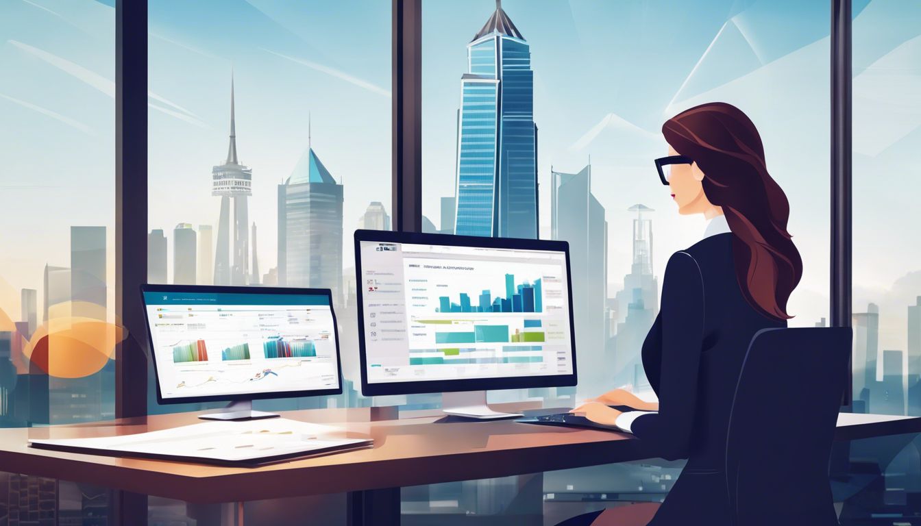 Een zakenvrouw analyseert zelfverzekerd financiële gegevens op een laptop in een modern kantoor.