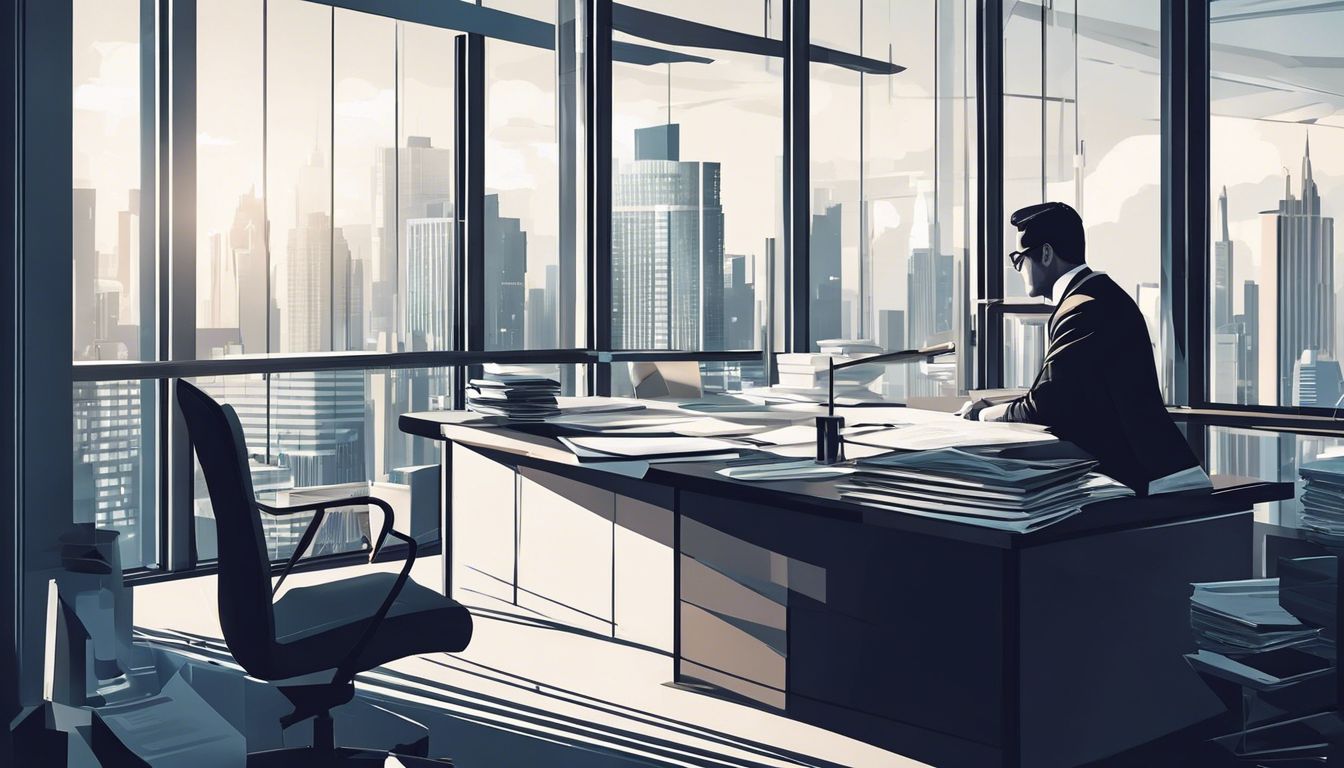 Een zakenman analyseert financiële rapporten in een modern kantoor.