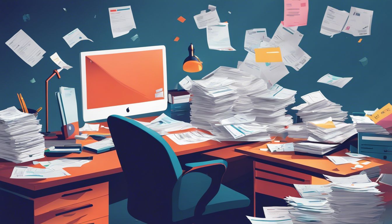 Een rommelig bureau met verspreide bonnetjes en facturen, omringd door archiefkasten, belicht door tl-licht, met tijdsdruk en stress.