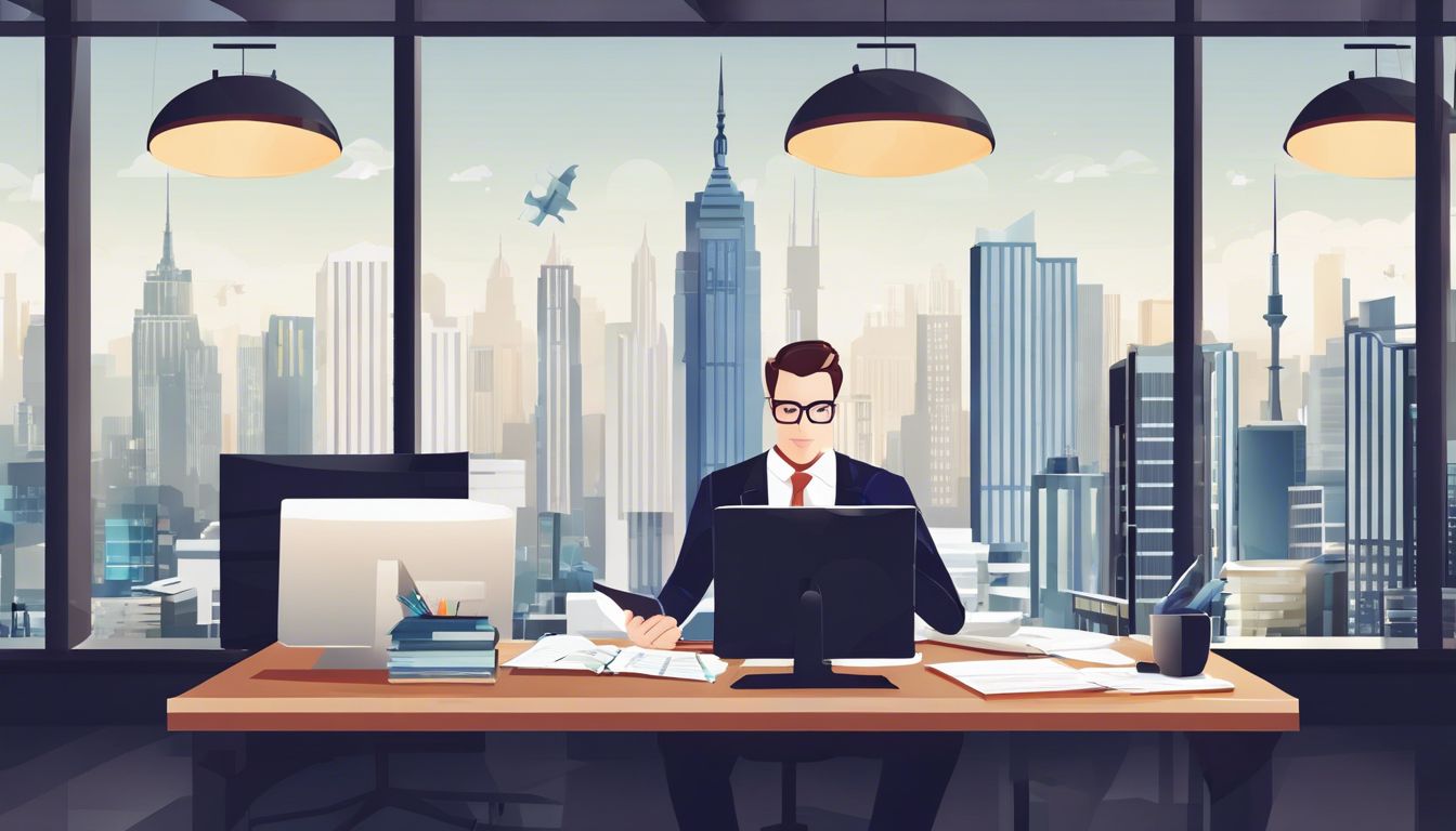Een professionele accountant geeft financieel advies in een goed georganiseerd kantoor met een stad landschapsfoto op de achtergrond.