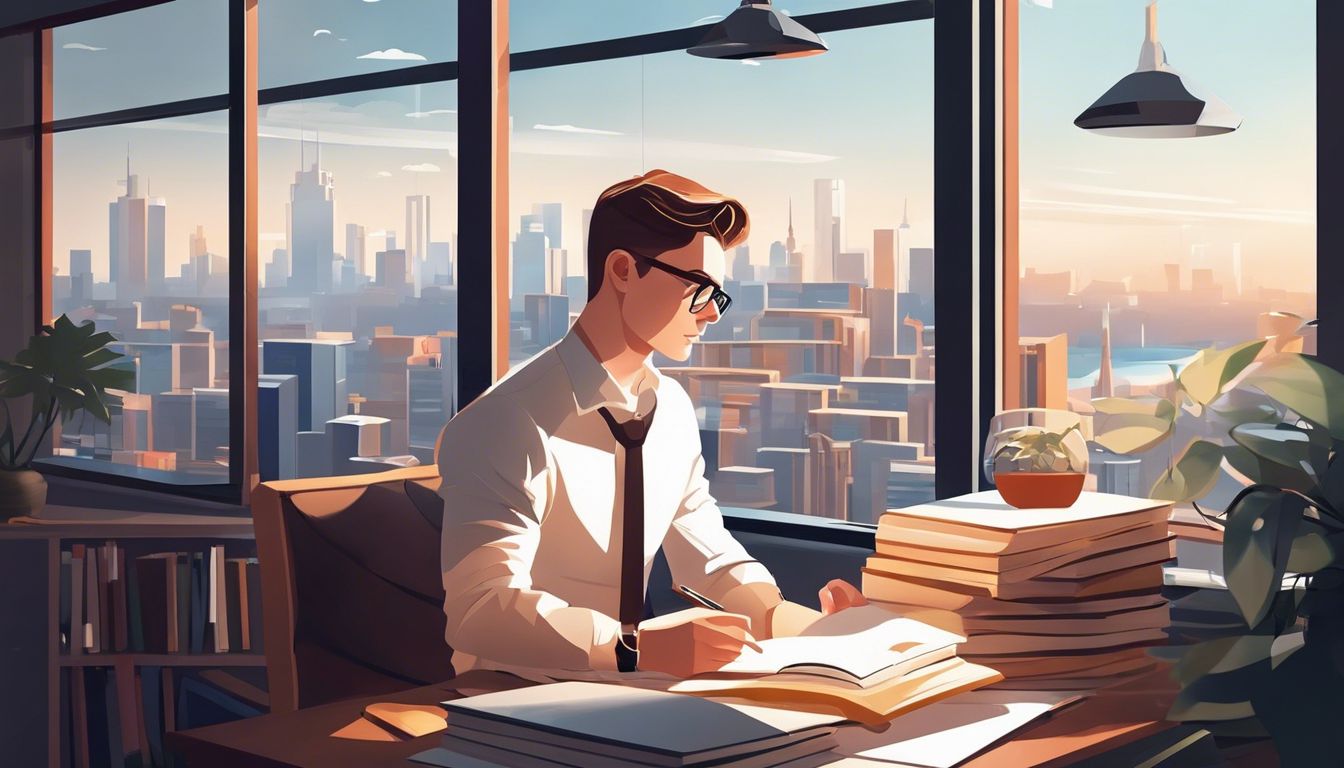 Een jonge zakelijke student studeert in een modern kantoor met uitzicht op de stad.