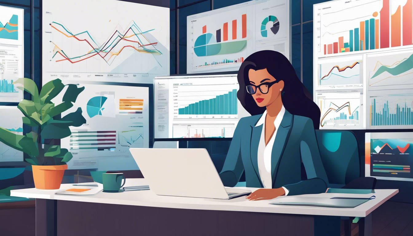 Een zakenvrouw werkt in een moderne kantooromgeving omringd door financiële grafieken.