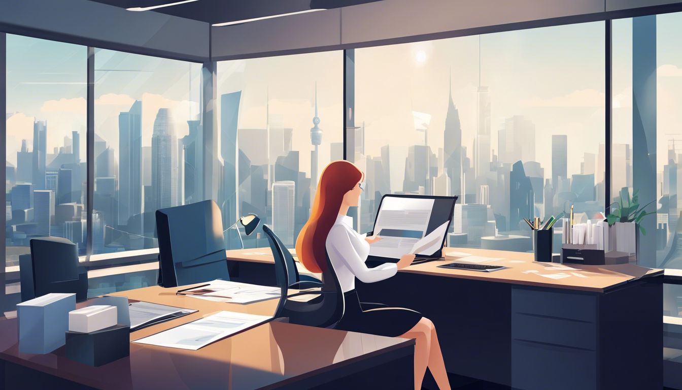 Een zakenvrouw organiseert financiële documenten in haar moderne kantoor.