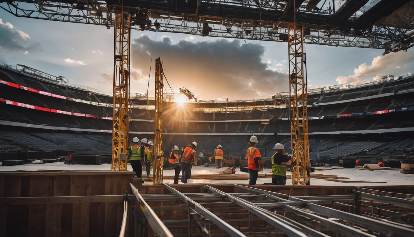 A construction team assembling truss framework in a concert arena.