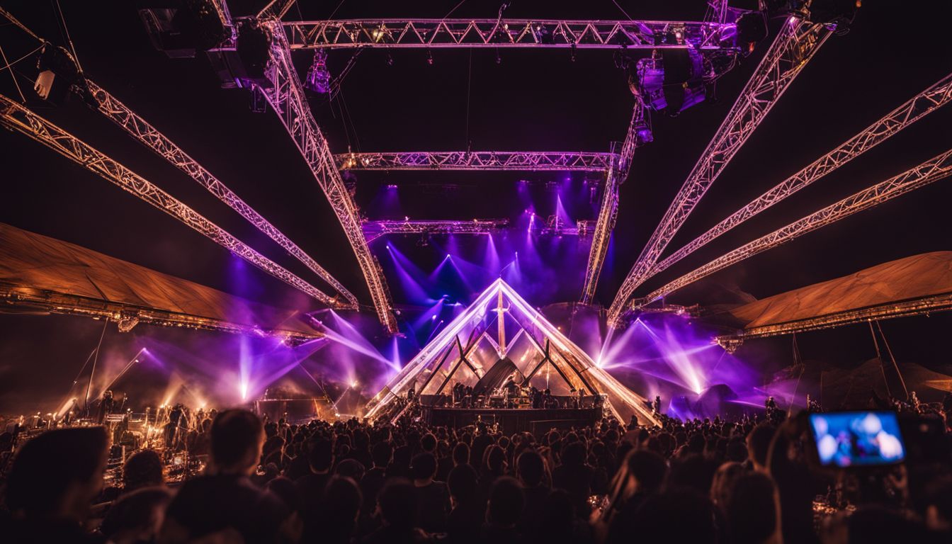A triangular truss structure supporting heavy lighting and sound equipment.