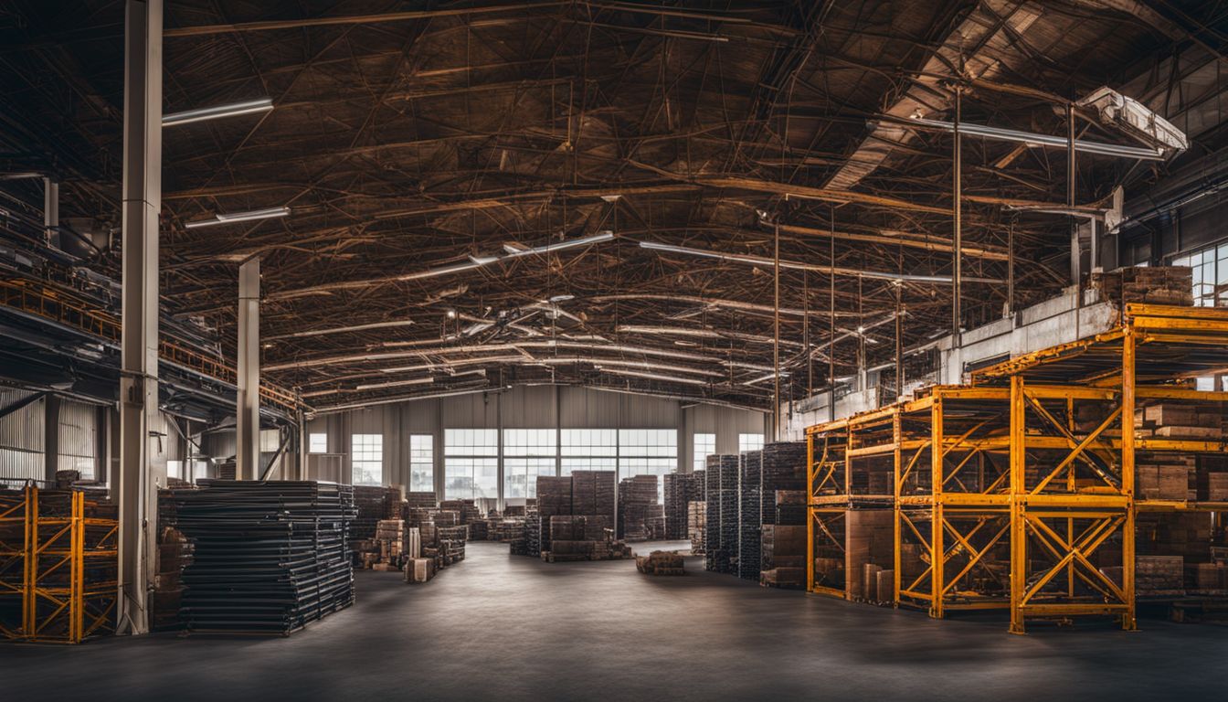 A warehouse with various truss structures and a bustling atmosphere.