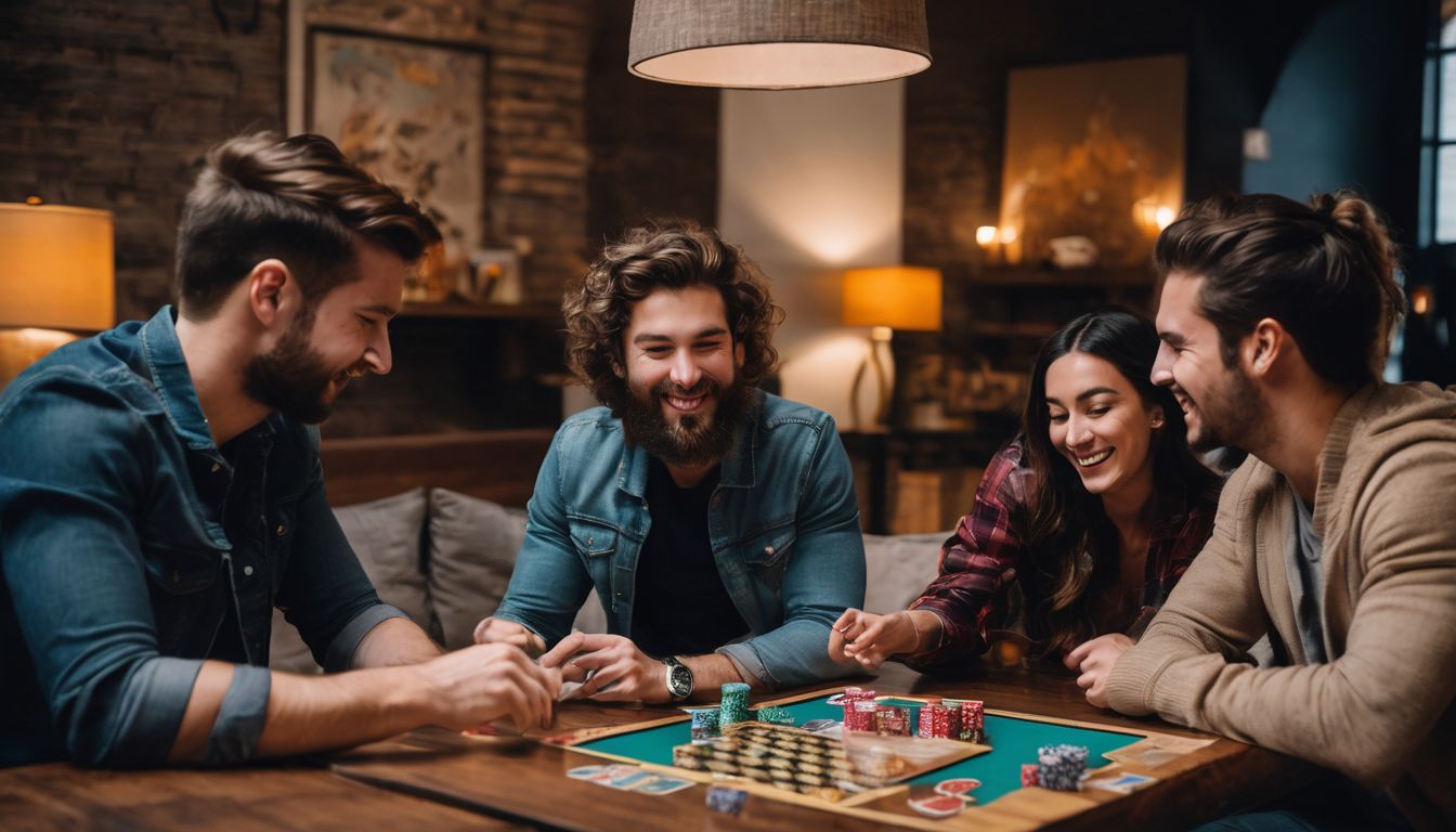 A group of friends enjoying board games in a cozy recreation room.
