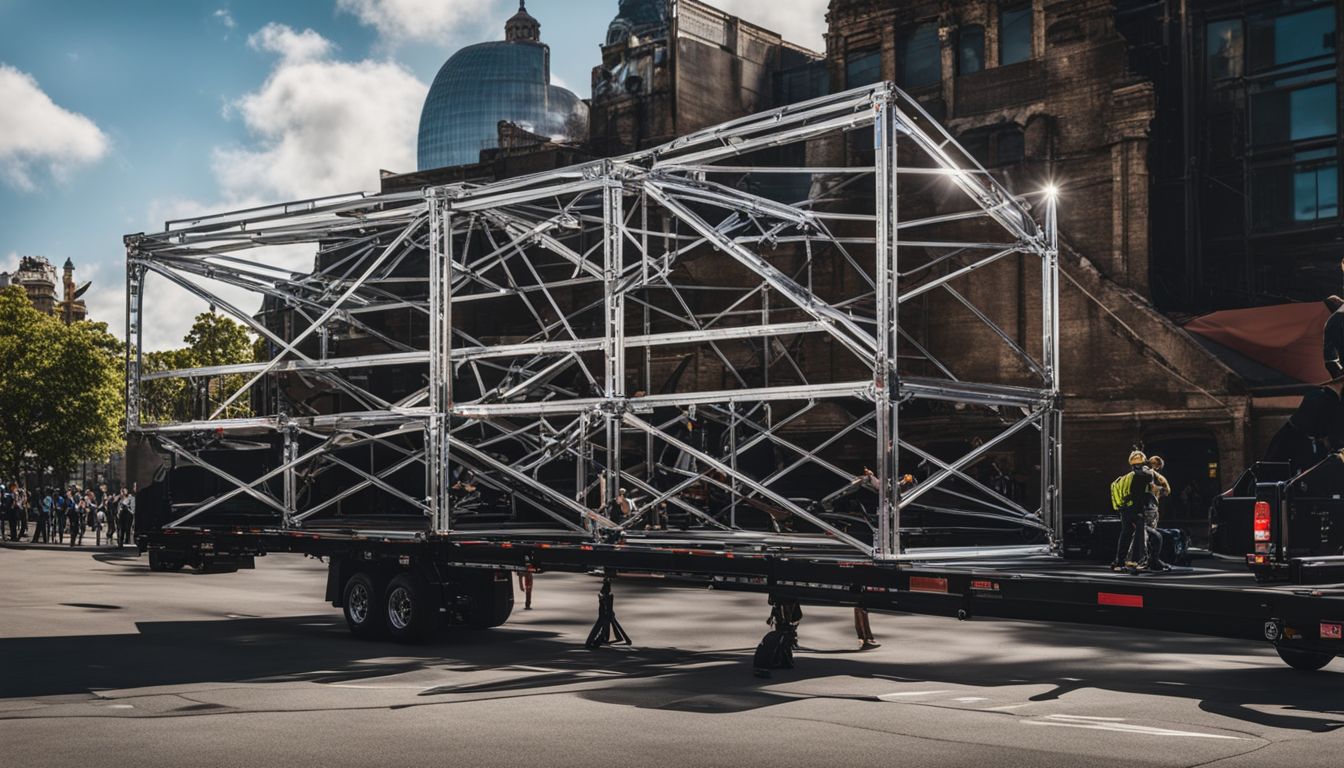 An assembled truss system being transported into a busy event venue.