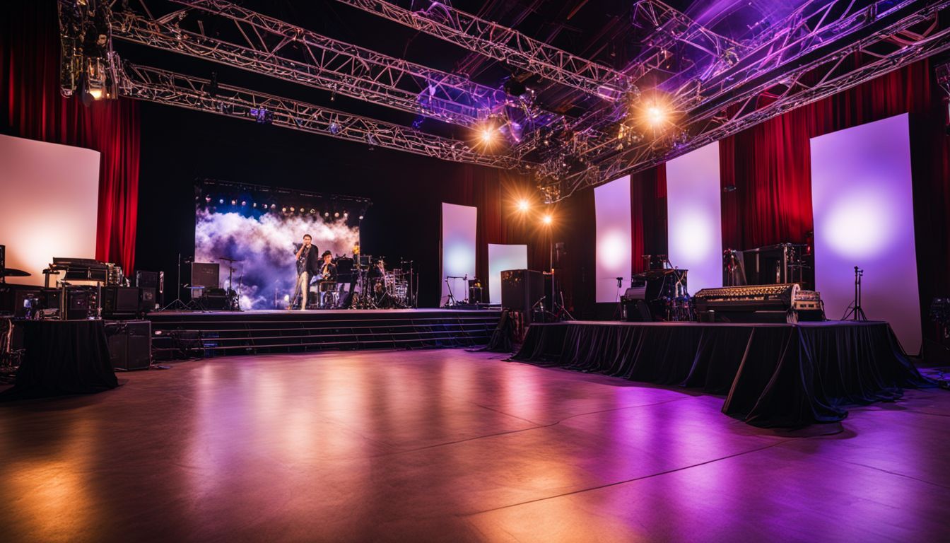 A stage with truss rentals and professional lighting for a performance.