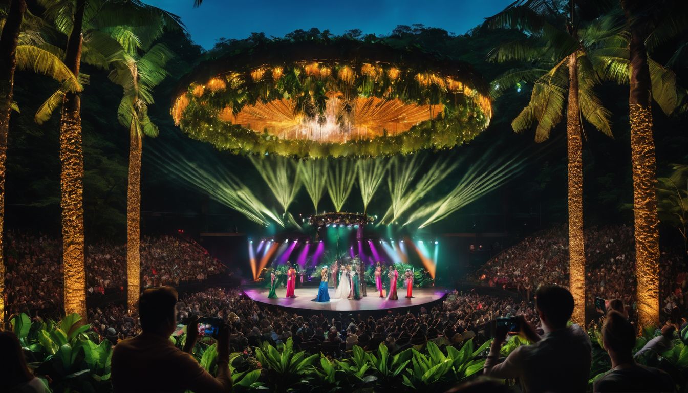 A grand stage with a tropical rainforest backdrop and diverse people.