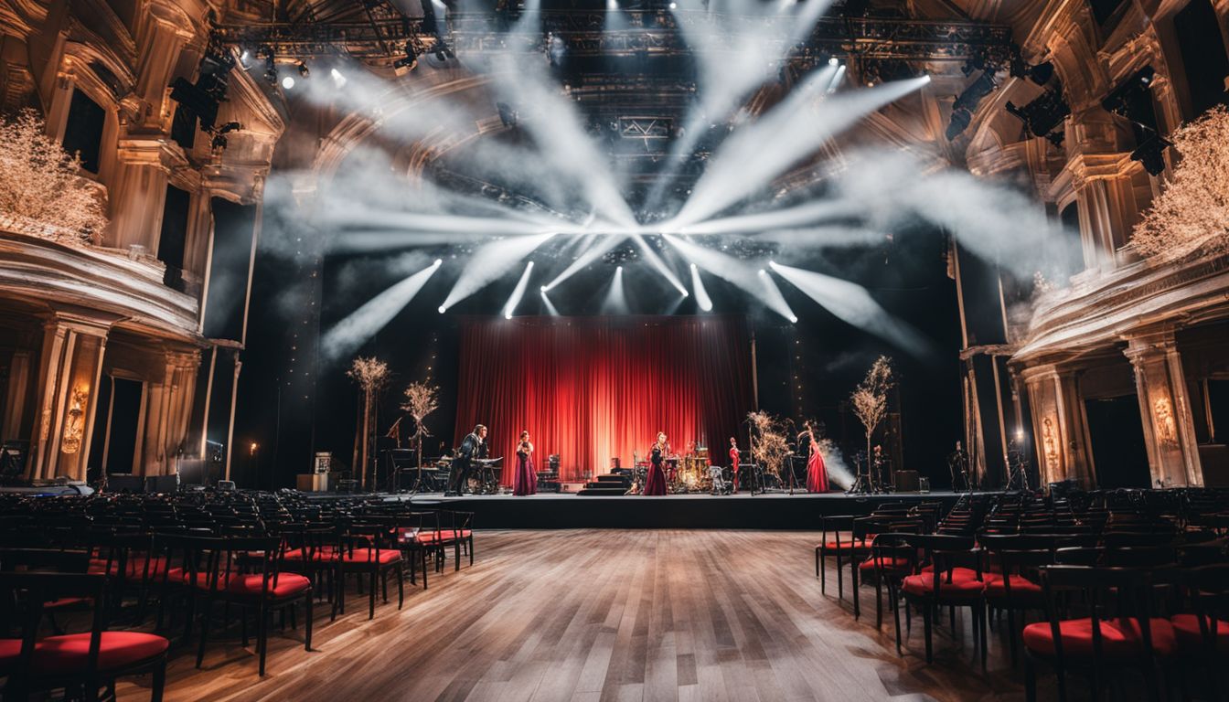 A glamorous stage setup with diverse performers and elegant props.