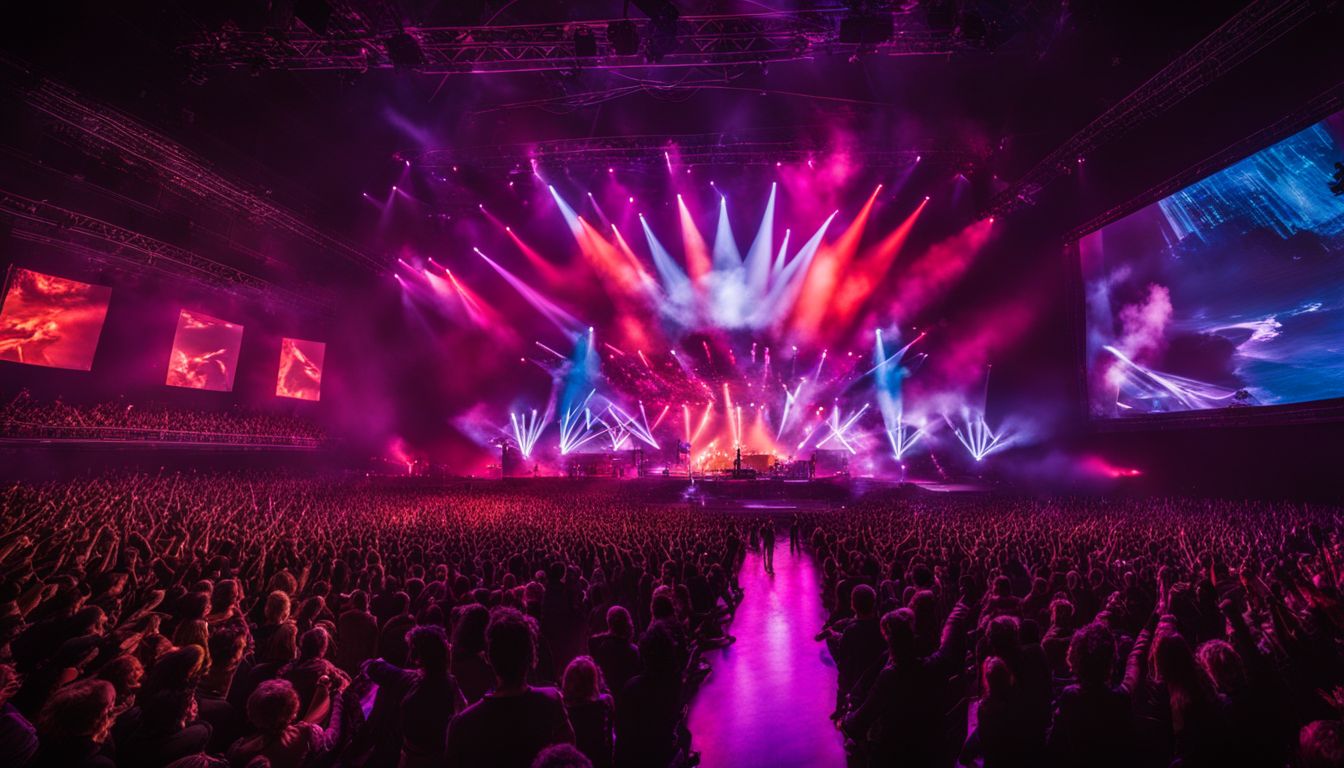 A dynamic concert stage with LED screens and diverse crowd.