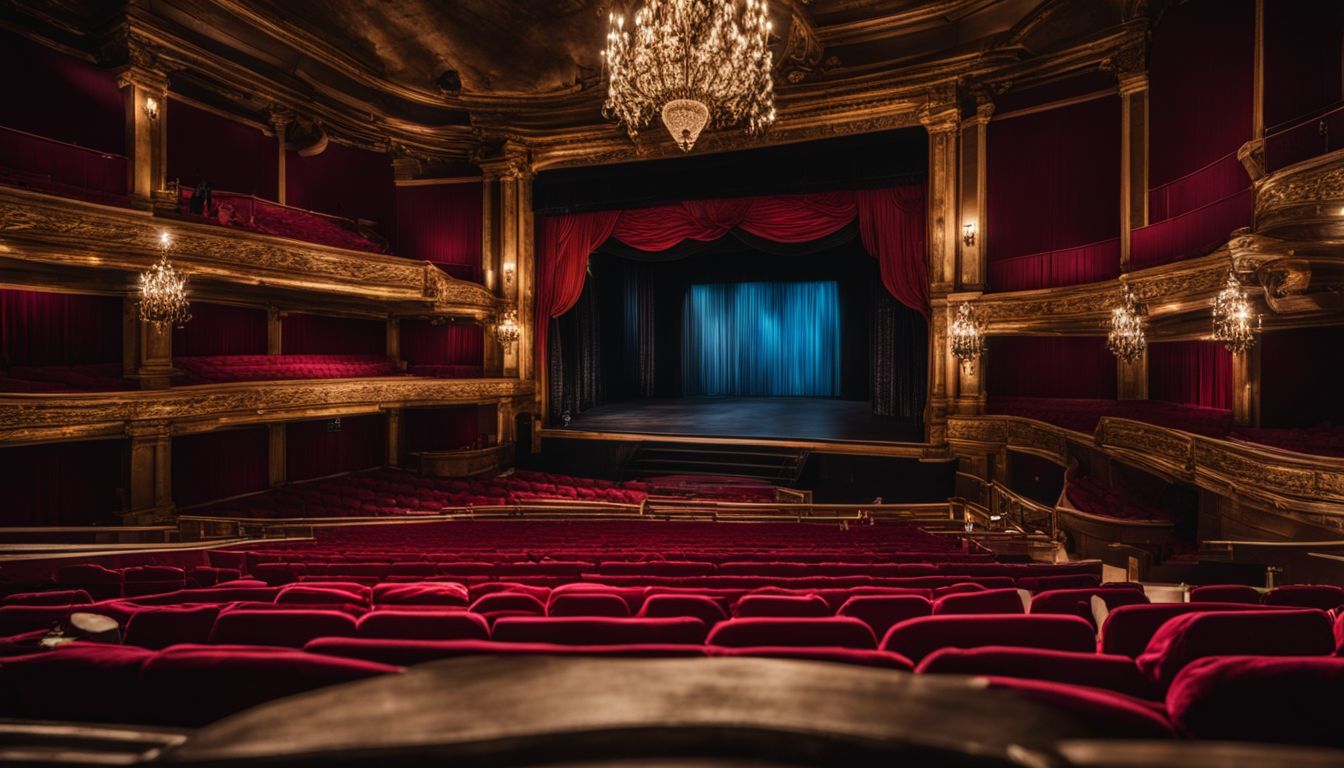 A professional theater stage set with detailed scenery and bustling atmosphere.