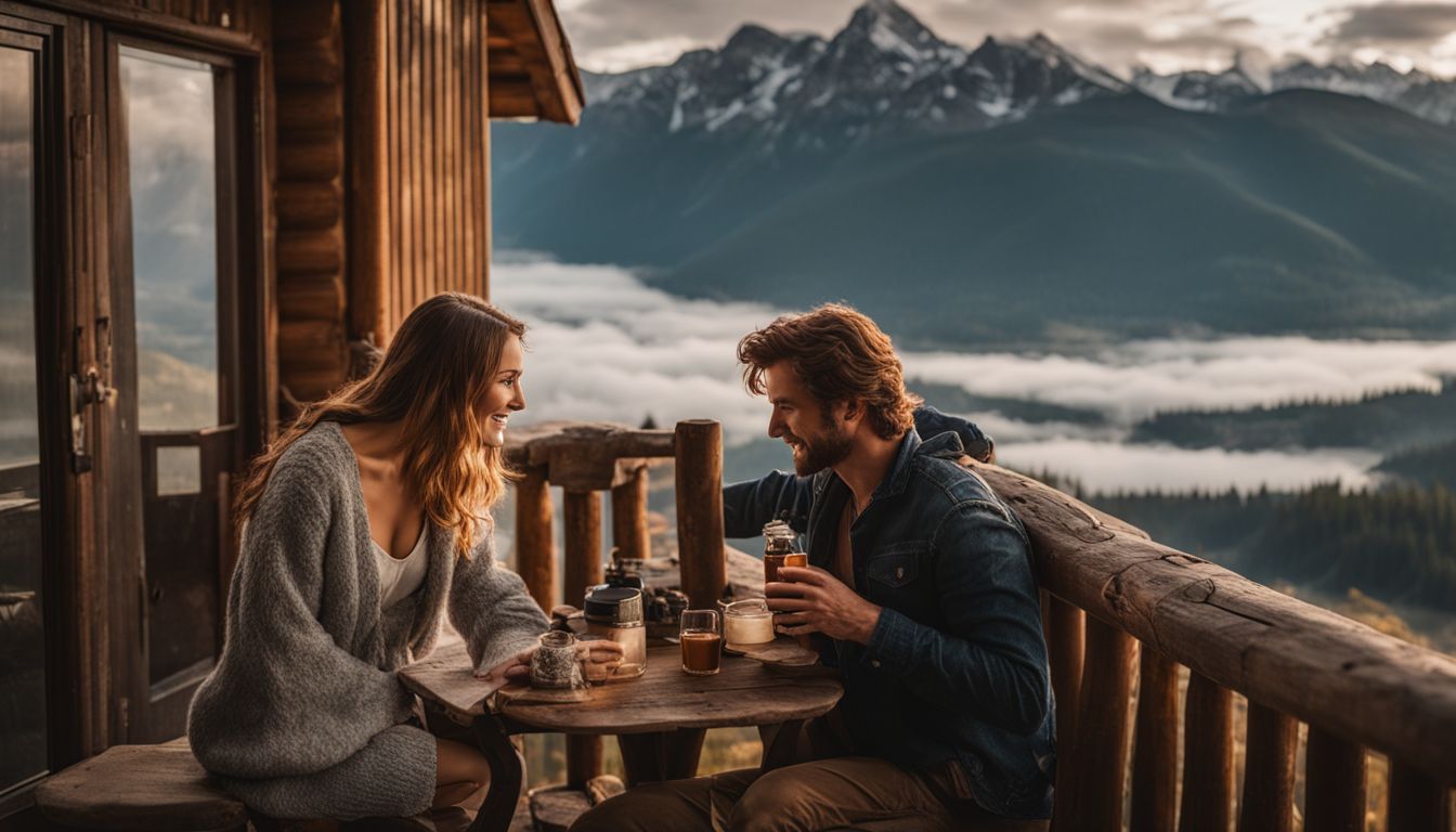 A man and woman enjoying a scenic mountain view from a cozy cabin.